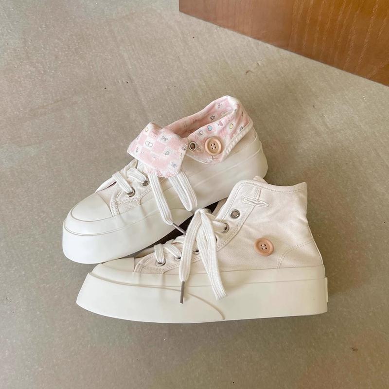 Fashion 2025 Soft Women Niche Design Chunky Casual Sneaker High Top Canvas Shoes Student Convertible Two Way Wear Skate Shoes Thick Sole