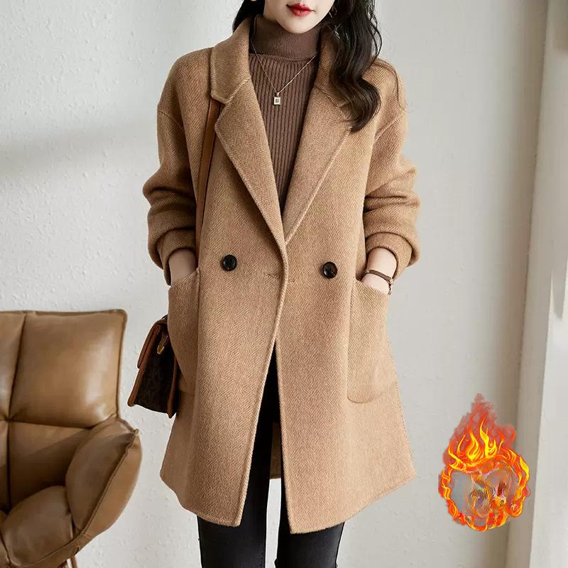 Lila Koreanischer Stil Verdickter Tweed-Mantel Herbst und Winter Aktualisierter Stil Hochwertiger Fischgrätenmuster-Mantel für Damen Mittellang