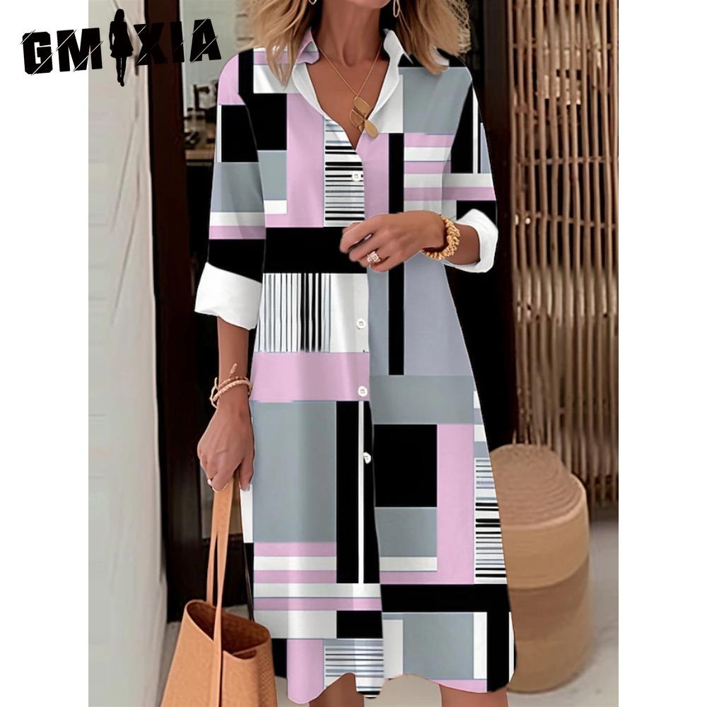 

GMXIA Женская Мода Весна Осень Цветной Блок Принт Длинный Рукав Воротник Поло Свободная Талия Повседневные Платья M