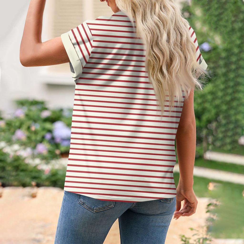 Women's Spring/Summer Leisure Stripe Printed Round Neck Short Sleeve Loose T-shirt
