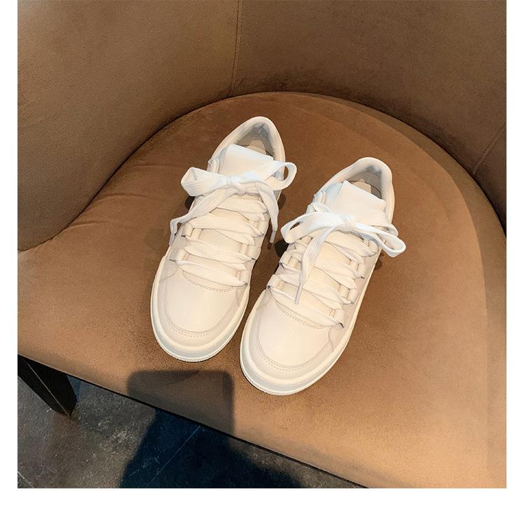 Leather Version Thick-soled Heightening Casual Sports Shoes Small White Shoes Women's Versatile Round Head Bread Shoes Lace-up Heightening Board Shoes