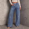 Jeans Rectos de Tiro Medio para Mujer con Pedrería, Alta Elasticidad, Corte Holgado, Denim Lavado Brillante, Pantalones Largos