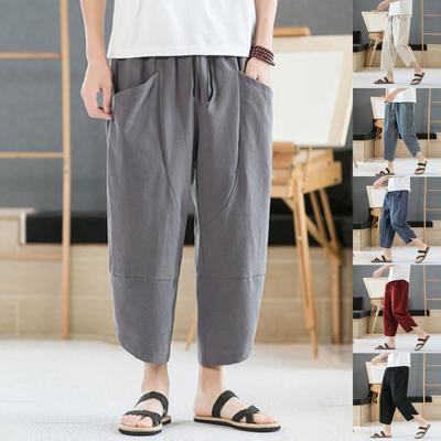 Men's Casual Color Large Pocket Cotton Linen Cropped Straight Pants