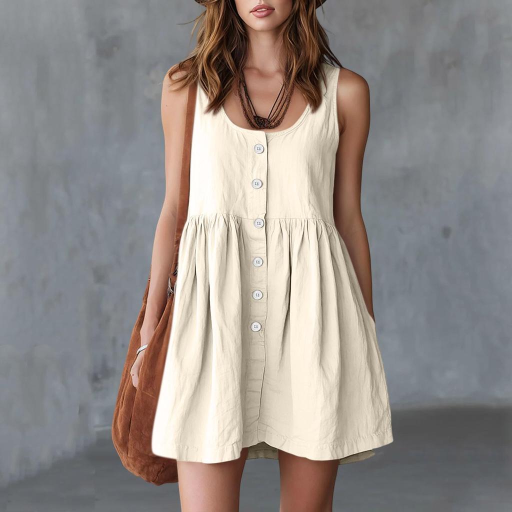 Women Sleeveless Round Neck Button Front Loose Fit Casual Summer Dress Soft Lightweight Fabric Flowy Design