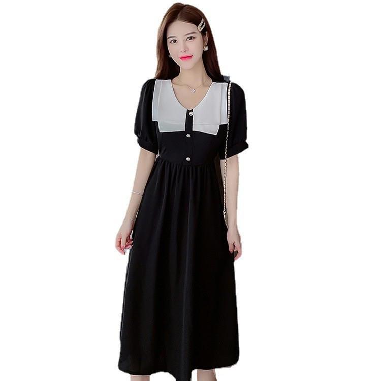 2025 Retro French Tea Dress: Waist-Covering Japanese Style, Fresh Short-Sleeved Long Dress