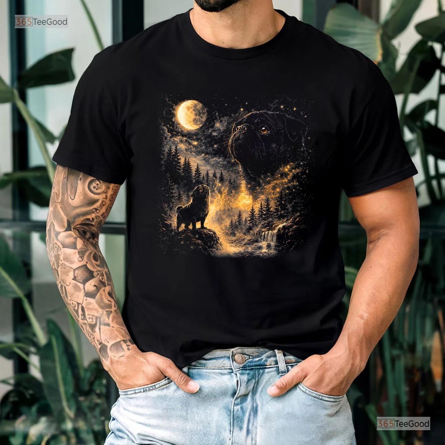 Black Pug Howling Moon Shirt, 90s Retro Animal Dog Mom Pet Lover Tee T-shirt 3XL