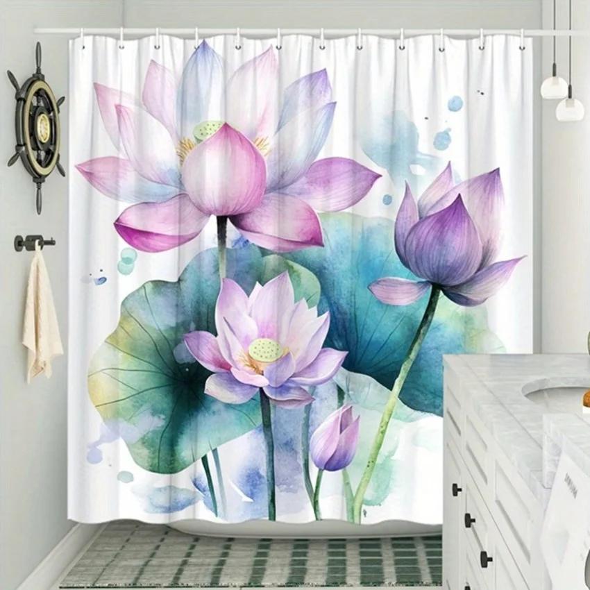 Lotus Flowers Shower Curtain - Soft Pink Lavender & White, Blue-Green Leaves, Watercolor, Polyester, 12 Hooks, 70.8X70.8 Inch
