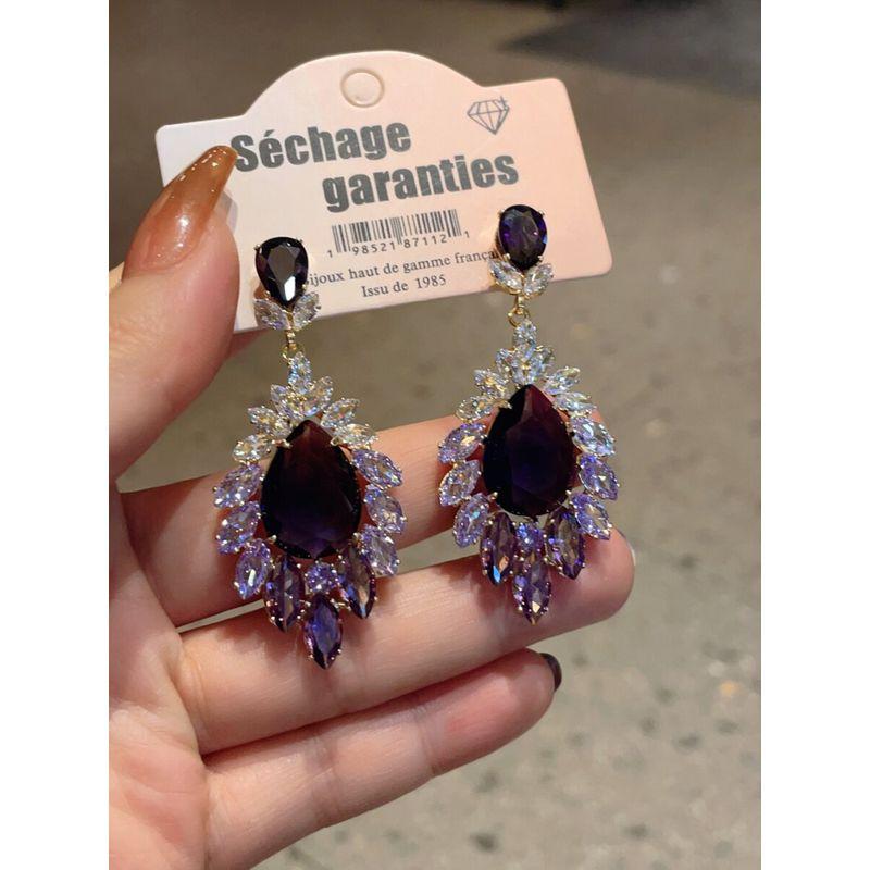 Fashion Fashion Zircon Gradient Purple Droplet Earrings Catwalk Dress Super Flash Earrings 925 Silver Needle Female Ear Rings