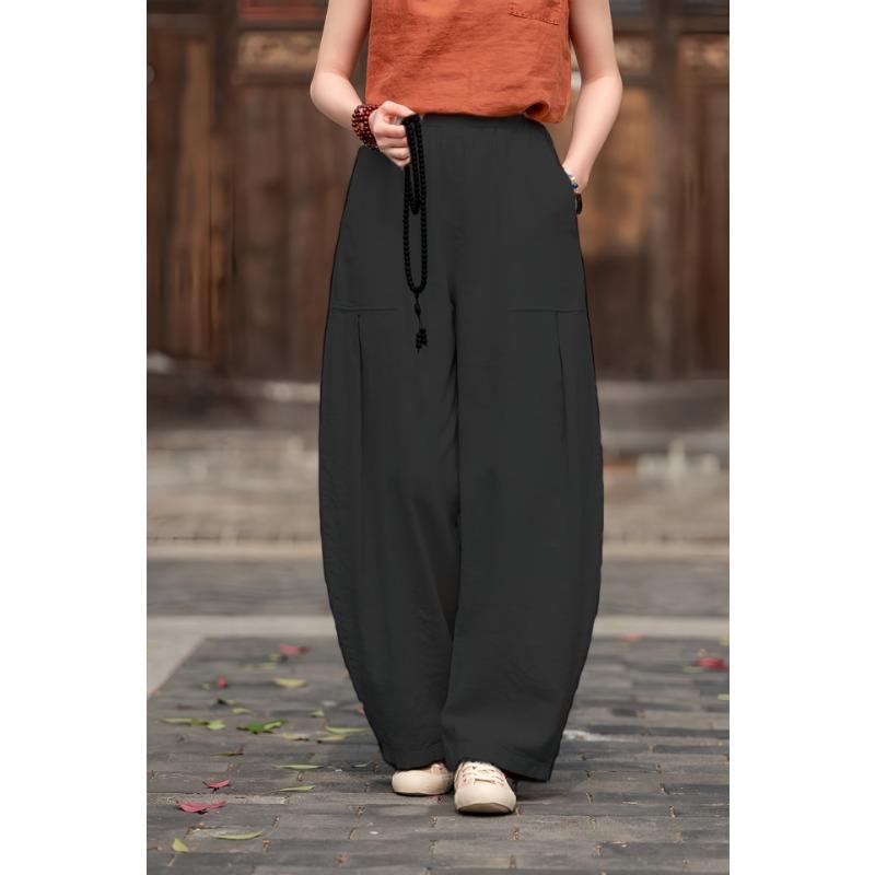 Women's Linen Blend Harem Pants Elastic Waist Loose Fit Casual Trousers