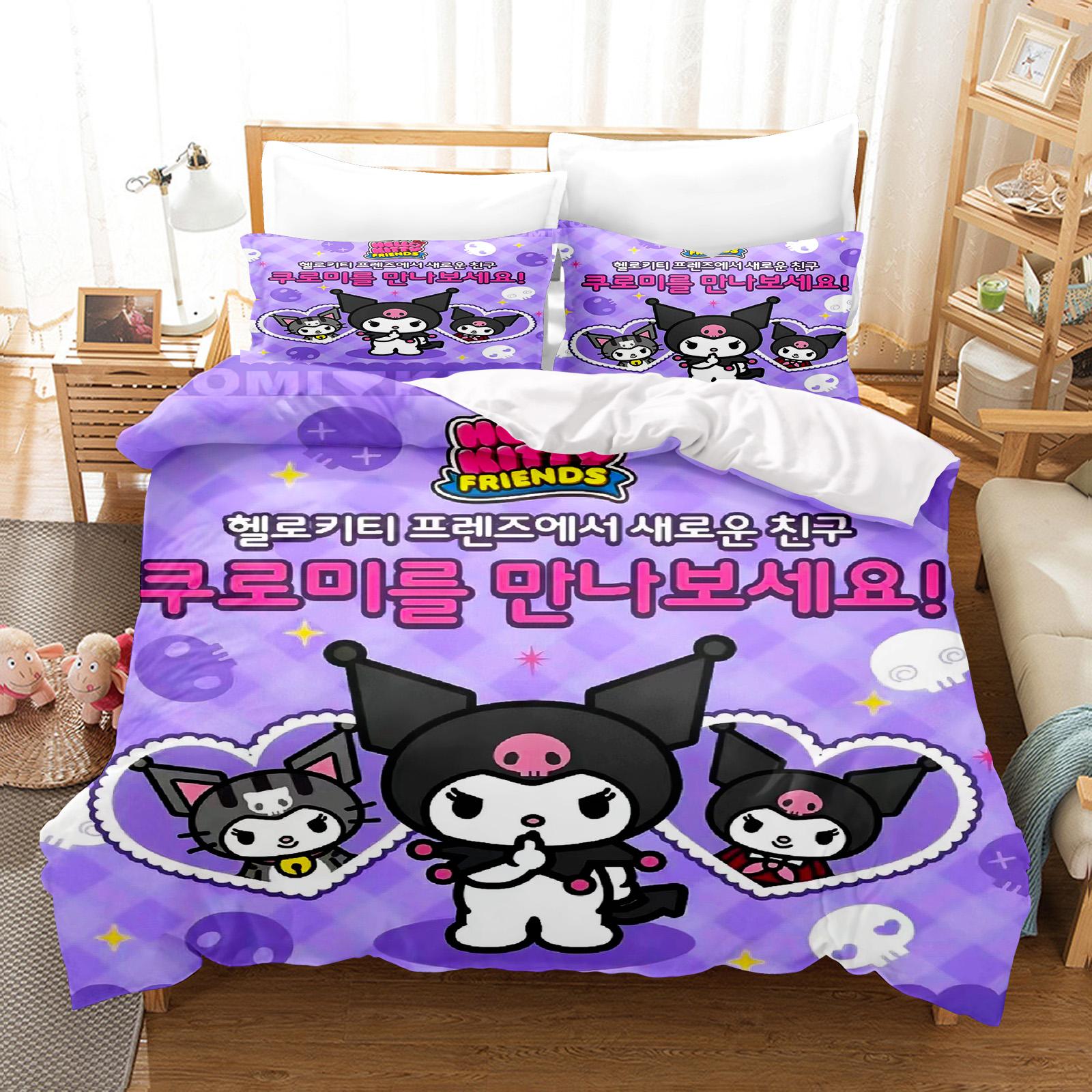 

Kuromi Duvet Cover Set Bedding Comforter Sets King Size 3D Children S Bedding Set Cute Printed Cartoon Quilt Cover EU Double(200*200cm)3pcs