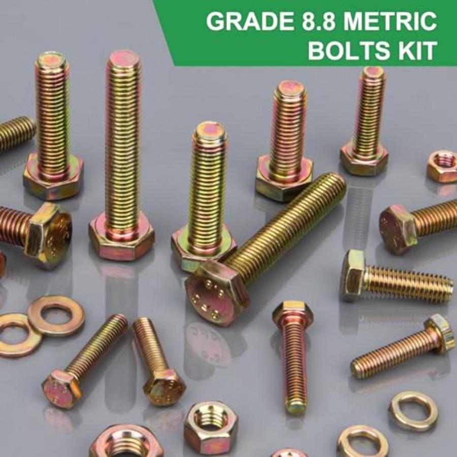 907-teiliges metrisches Schrauben- und Mutternsortiment der Güteklasse 8.8 mit den Größen M4 M5 M6 M8, gelb verzinkt, für Heavy-Duty-Anwendungen