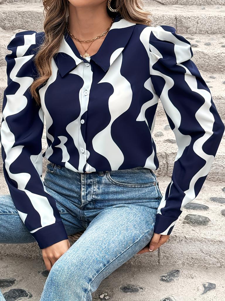 Dámská pruhovaná košile s výstřihem do V a dlouhým rukávem, slim fit top pro dámy