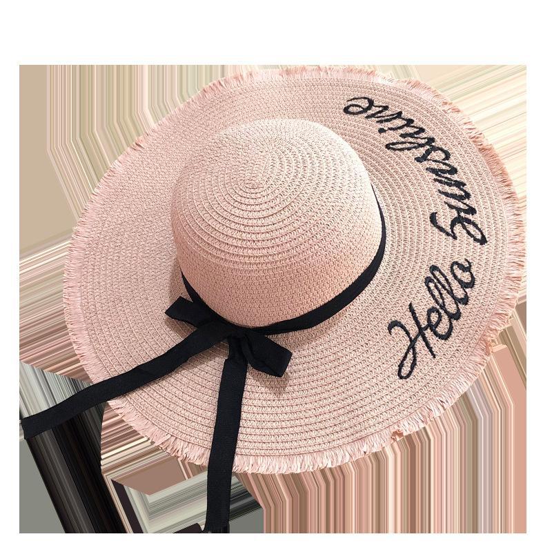 Straw Hat Women Bow Big Eaves Hat Dome Sun Protection Beach Seaside Outdoor English Letter Face Visor