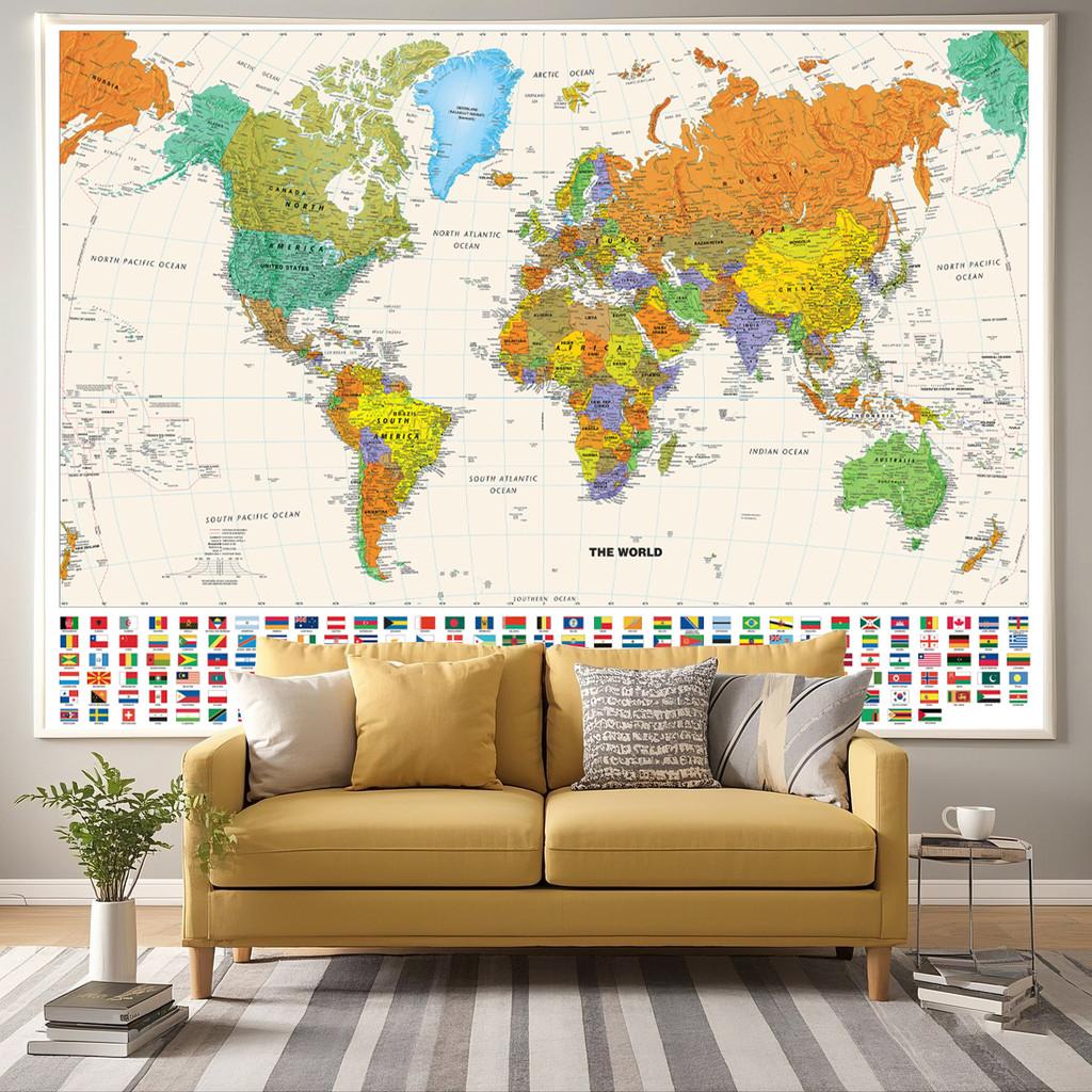 World Map-Countries with Cities,Unframed World Map,Wall Decor for Living Room,Bedroom,Home,Office,Modern Art,Travel Tool