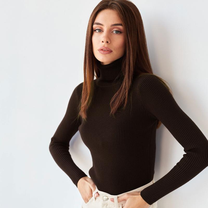 

Женские свитера с высоким воротником, осенне-зимние топы, тонкий женский пуловер, вязаный свитер, джемпер, мягкий теплый тянуть One Size кофейный