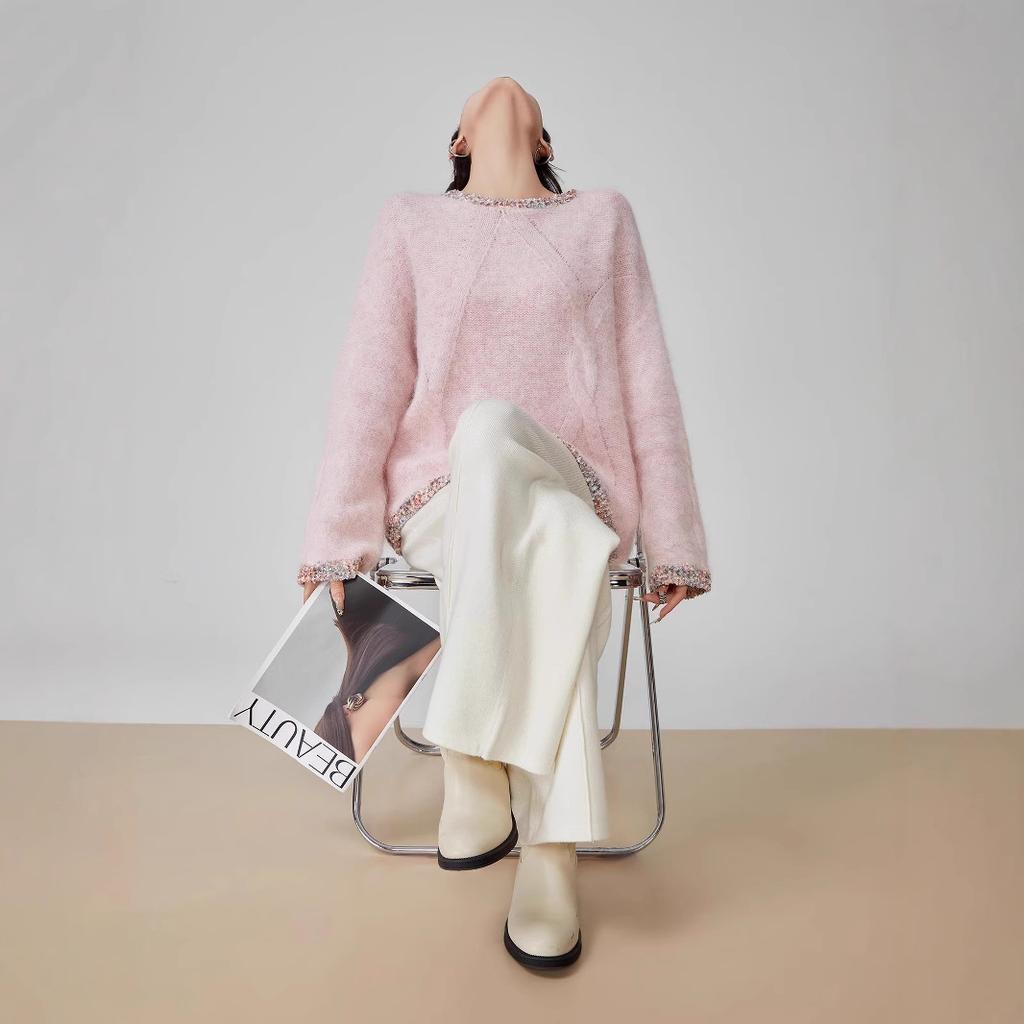 Spring Fall Women Knitwear Lazy Style Pink Elegant Round Neck Pullover Sweater Women Top