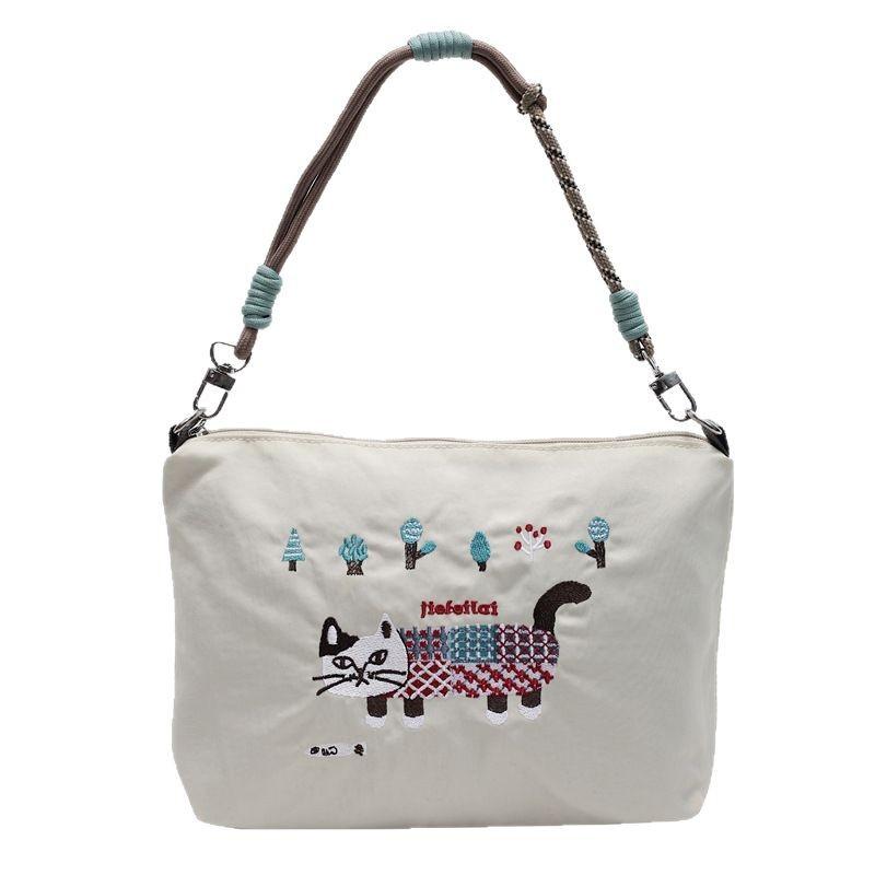 Large capacity spring and summer cat embroidery bag waterproof portable messenger bag shoulder bag shopping bag cartoon nylon bag female
