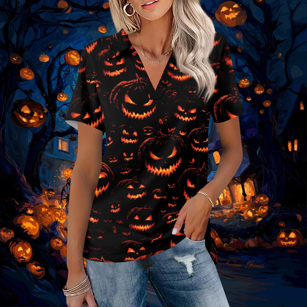 Women V Neck Short Sleeve Halloween Print Collared Top Casual Loose Fit Pattern Blouse for Daily Wear Office School