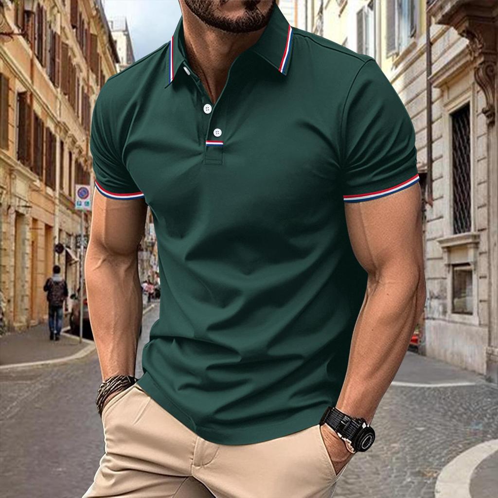 New Men's Casual POLO Shirt Lapel Collage Pull Stripes Button Business Solid Colour T-shirt Tops