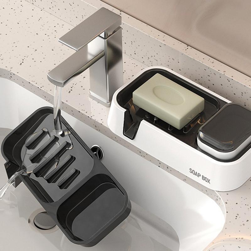 Multifunctional Soap Box Wall Mounted Double Drain Soap Storage Rack with Cleaning Brush Household Bathroom Soap Brush Storage