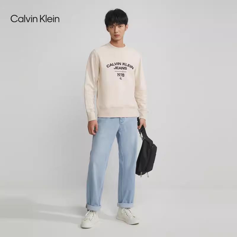Calvin Klein Fashion Color Block Letter Cotton Crew Neck Sweatshirt Men sweatshirt Off-White J323921
