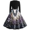 Women Casual Vintage V Neck Dress Long Sleeve Halloween Print Retro Style Midi Dress with Waist Tie Belt