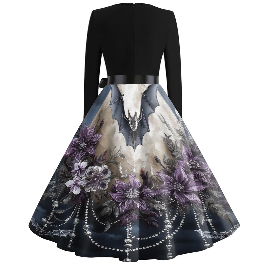 Women Casual Vintage V Neck Dress Long Sleeve Halloween Print Retro Style Midi Dress with Waist Tie Belt