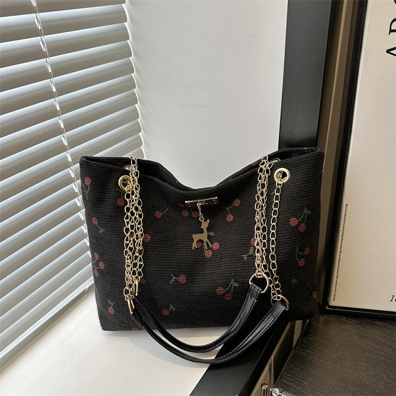 2025 Korean summer new large-capacity women's casual shoulder bag printed cherry small fresh literary tote bag