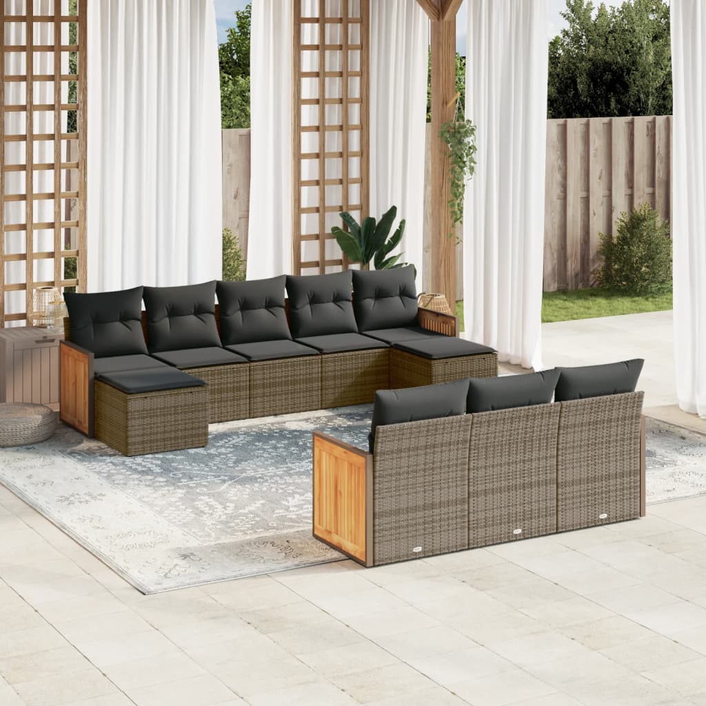 10 piece Grey Garden Sofa Set with Cushions Poly Rattan