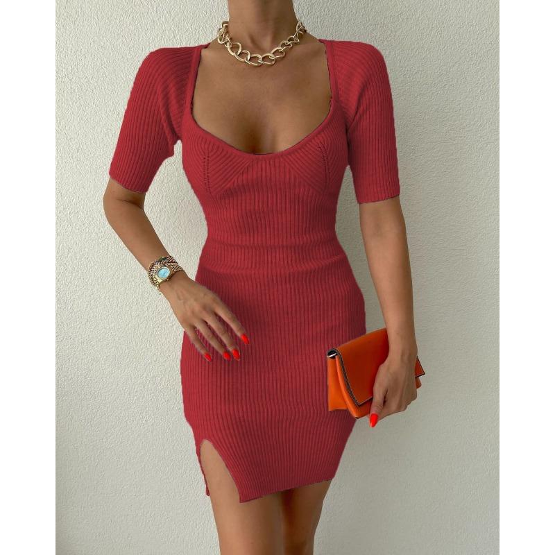 Women's Ribbed Knit Square Neck Bodycon Mini Dress ComfortableSplit Sleeve Party Dress