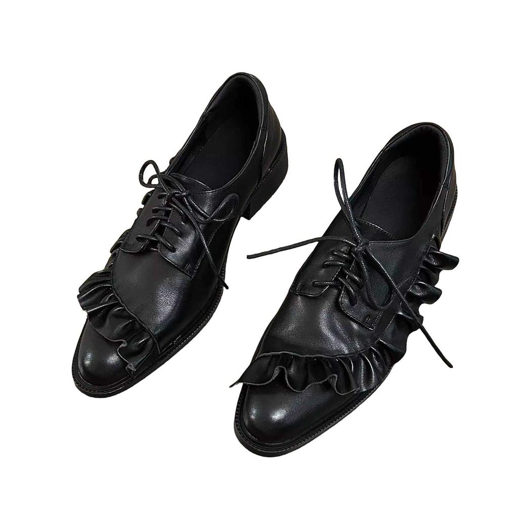 2025 spring fashionable European and American niche design original dark lotus leaf edge lace-up small leather shoes thick heel small single shoes wom
