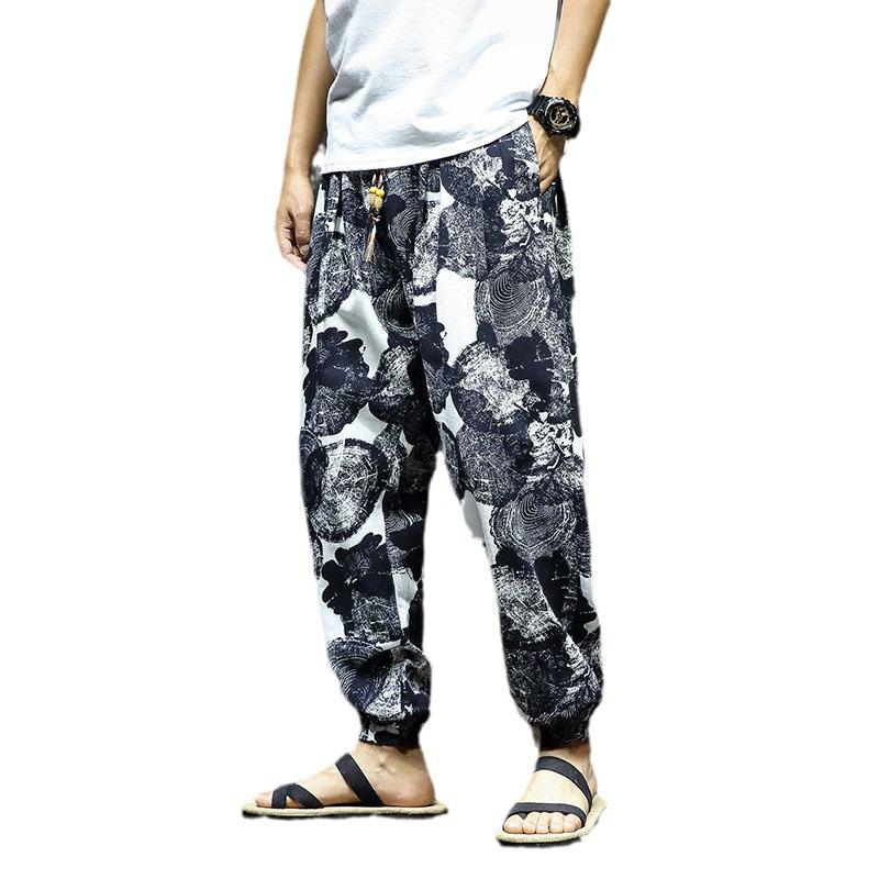 2023 Men's Autumn Cotton-Linen Floral Retro Large Size Slim-Fit Trousers