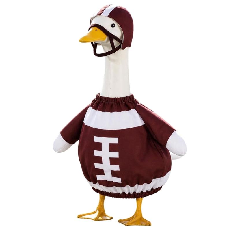 Dress a Decorative Lawn Bird for Football Season with a Helmet Headpiece and Coordinated Uniform Body Cover Costume Set