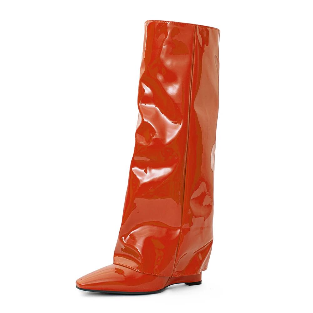 Fashion Pointed Toe High Heels Women Knee High Boots Brand Designer Soft Patent Leather Side Zip Wedges Winter Fashion 2025