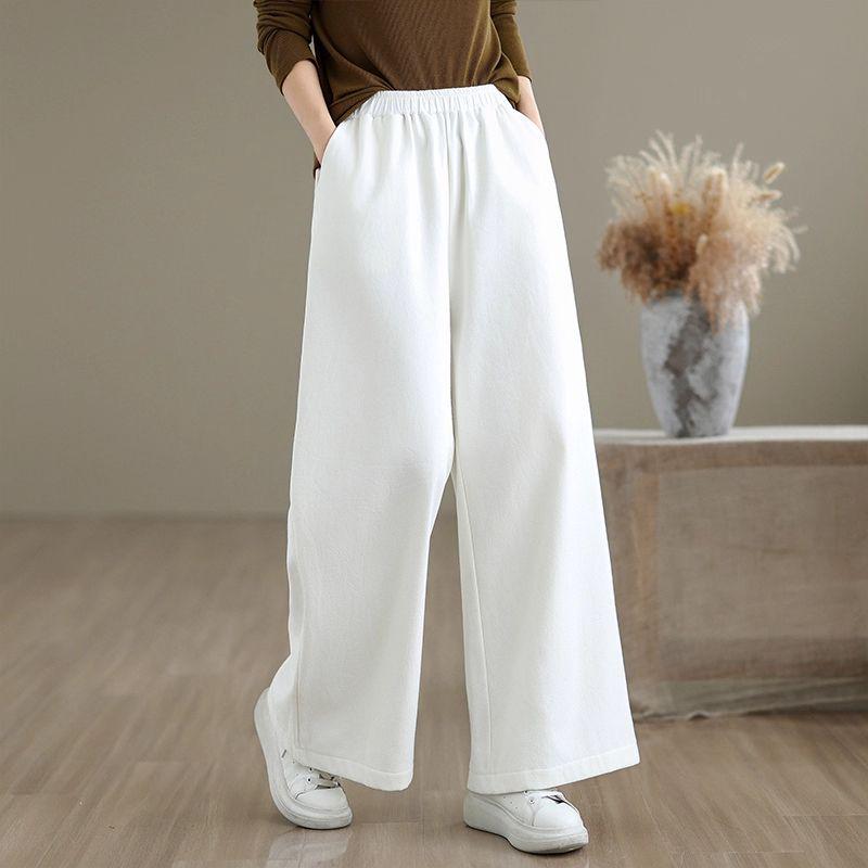 

Women s Fleece-Lined Wide-Leg Pants: Cotton & Linen, Elastic Waist, Thickened for Autumn/Winter, Casual & Slimming Fit 2XL