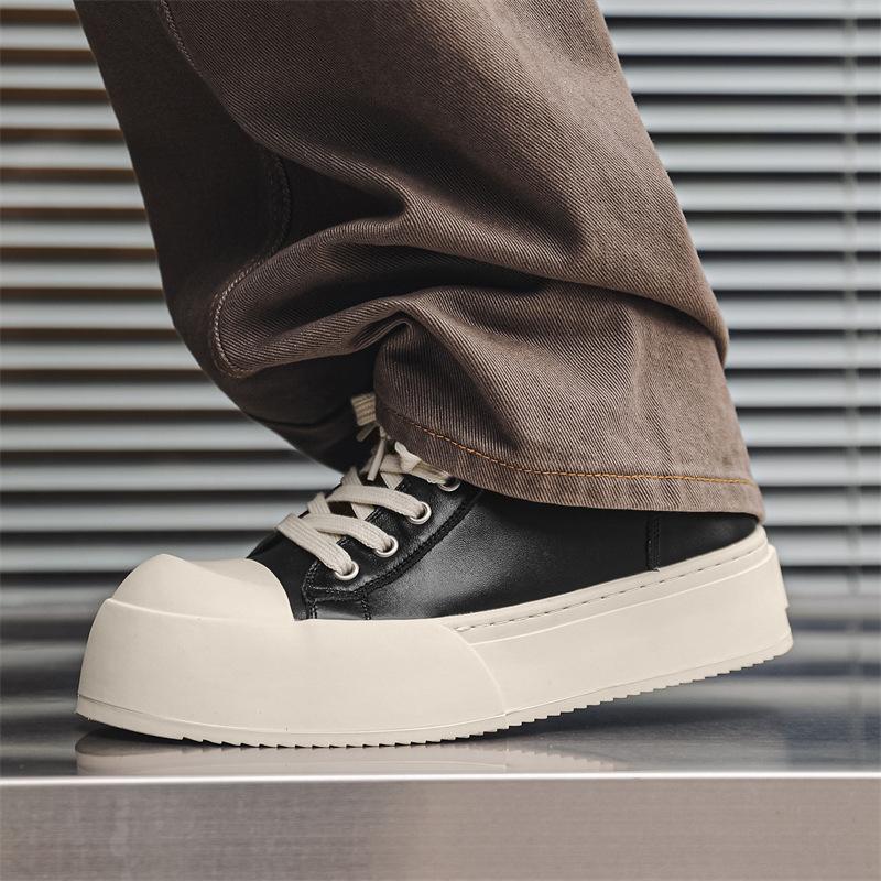 European Shoes for Men Genuine Leather Casual Platform Shoes Trend Thick-soled Flat Skateboard Shoes Lace-up Chunky Sneaker