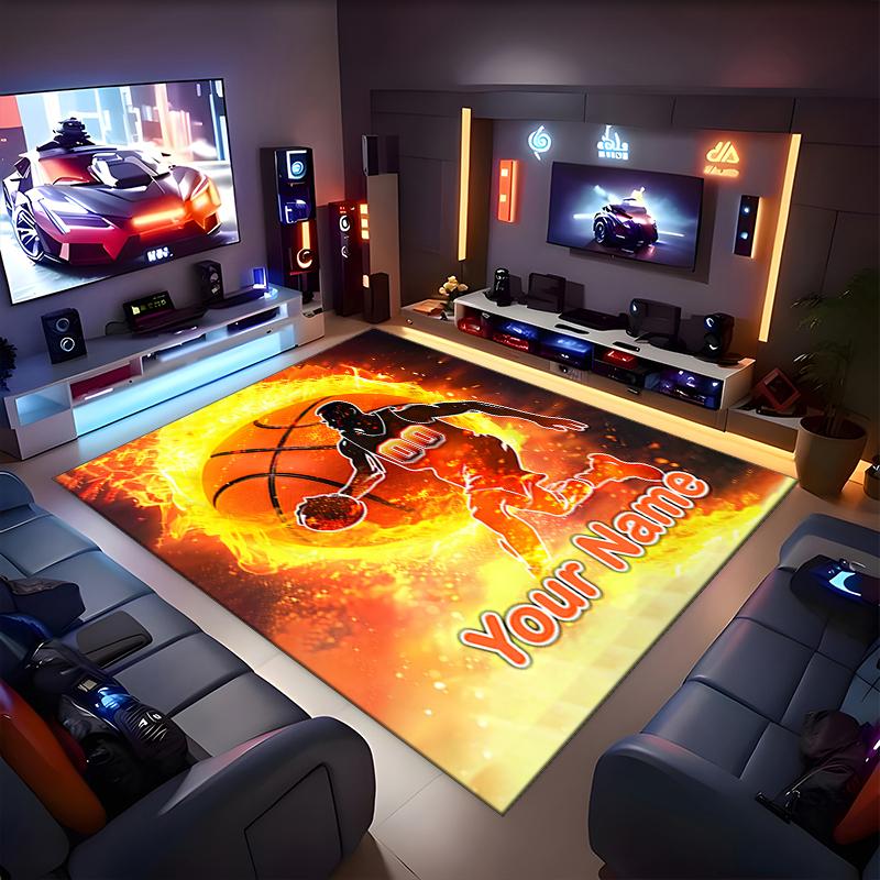 1PC Custom Name Fire Basketball Legend Theme Floor Mat Ideal for Living Room, Game Rooms, Office, Bedroom, Office Floor Mat , Floor Mats for Home