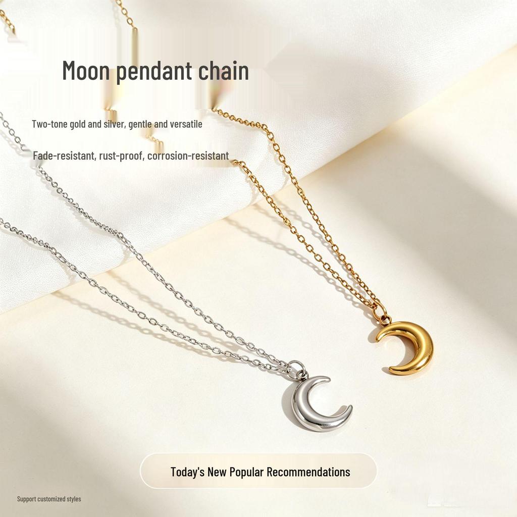 18K Gold-Plated Crescent Moon Pendant Necklace with Smooth Titanium Steel Chain