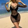 Women Summer Beach Cover Up Hollow Out Long Sleeves Slim Fit Low Cut V Neck Backless See Through Bikini Beach Mini Dress Beach Mock