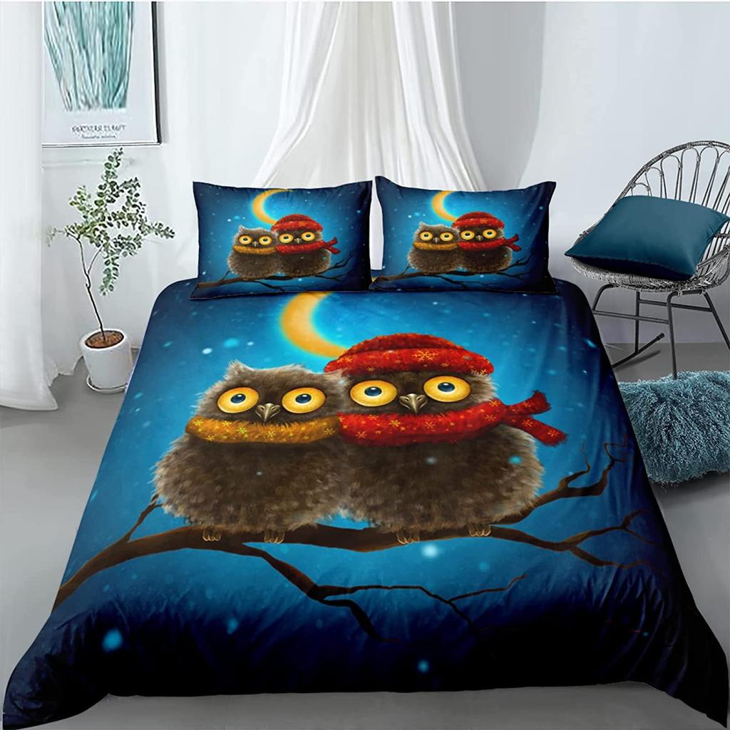 Cartoon Owl King Queen Duvet Cover Gray Cute Animal Bedding Set Pink Orange Grey Flowers Comforter Cover Polyester Quilt Cover