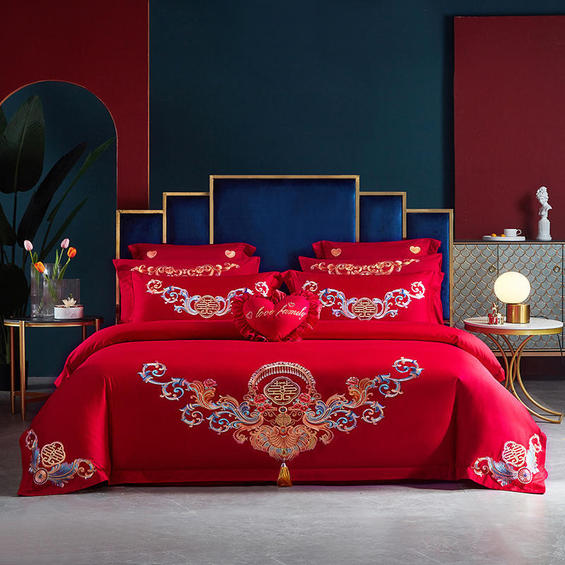 Vierteiliges Set mit Hochzeitsstickerei, rote Hochzeitsbettwäsche, Hochzeitsbettbezug, Bettwäsche, Bettwäsche für das Brautpaar, sechsteiliges Set für das Hochzeitsbett