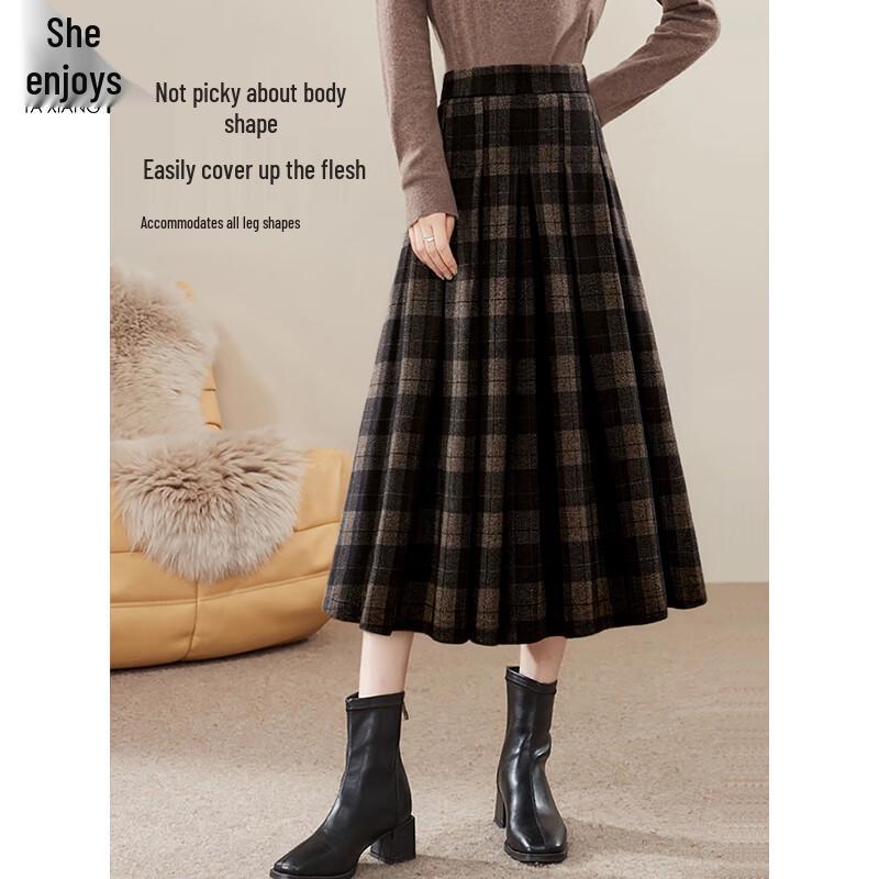 Женская твидовая ретро клетчатая юбка-миди А-силуэта со складками M