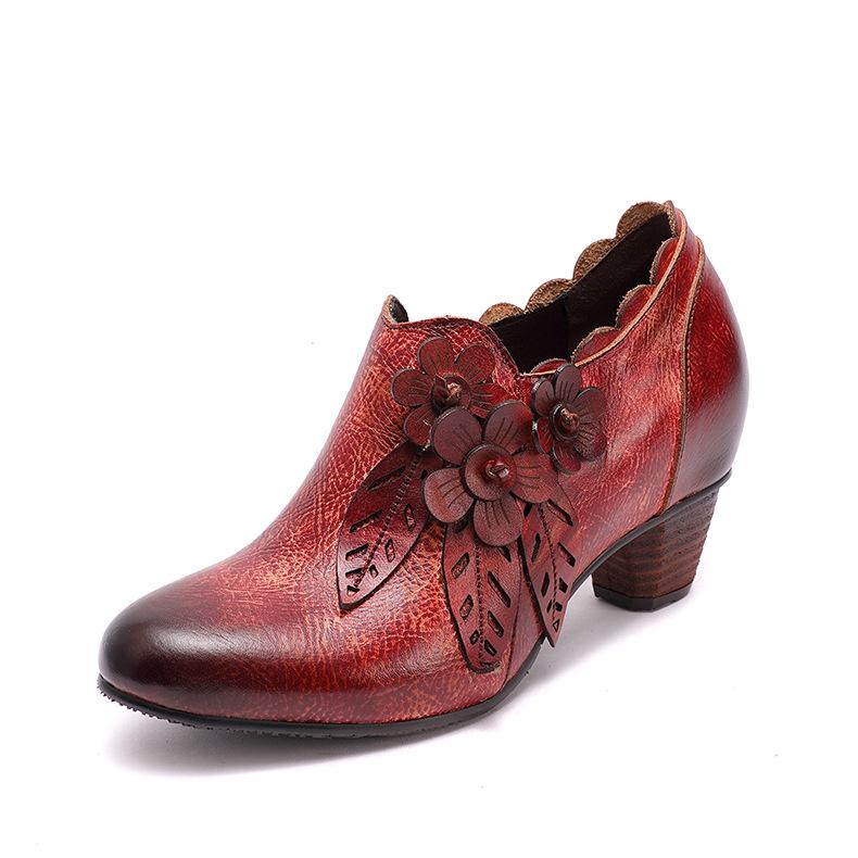 

Женская обувь из натуральной кожи на высоком каблуке, повседневная женская обувь ручной работы на молнии в стиле ретро с круглым носком и цветком 41