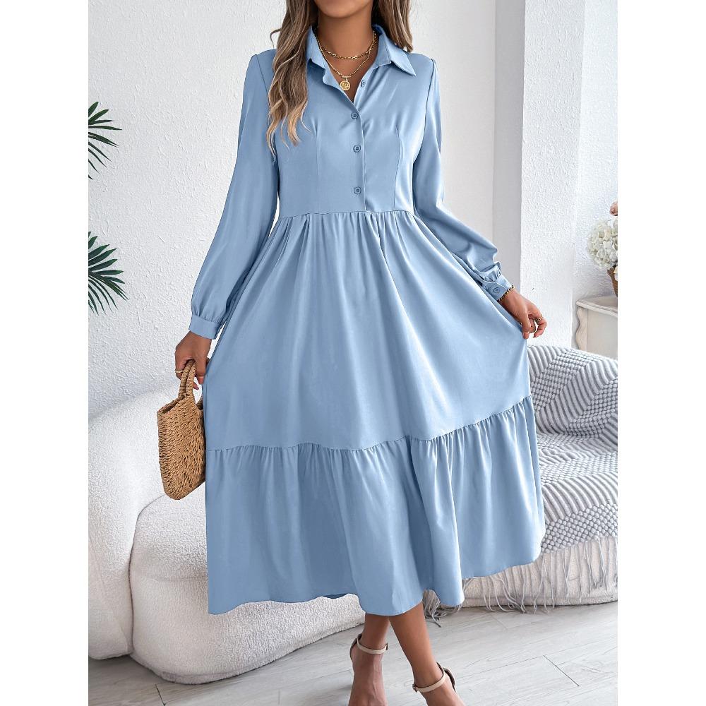 Vestido Camisa Largo Casual Holgado de Manga Larga con Cuello y Volantes para Otoño e Invierno