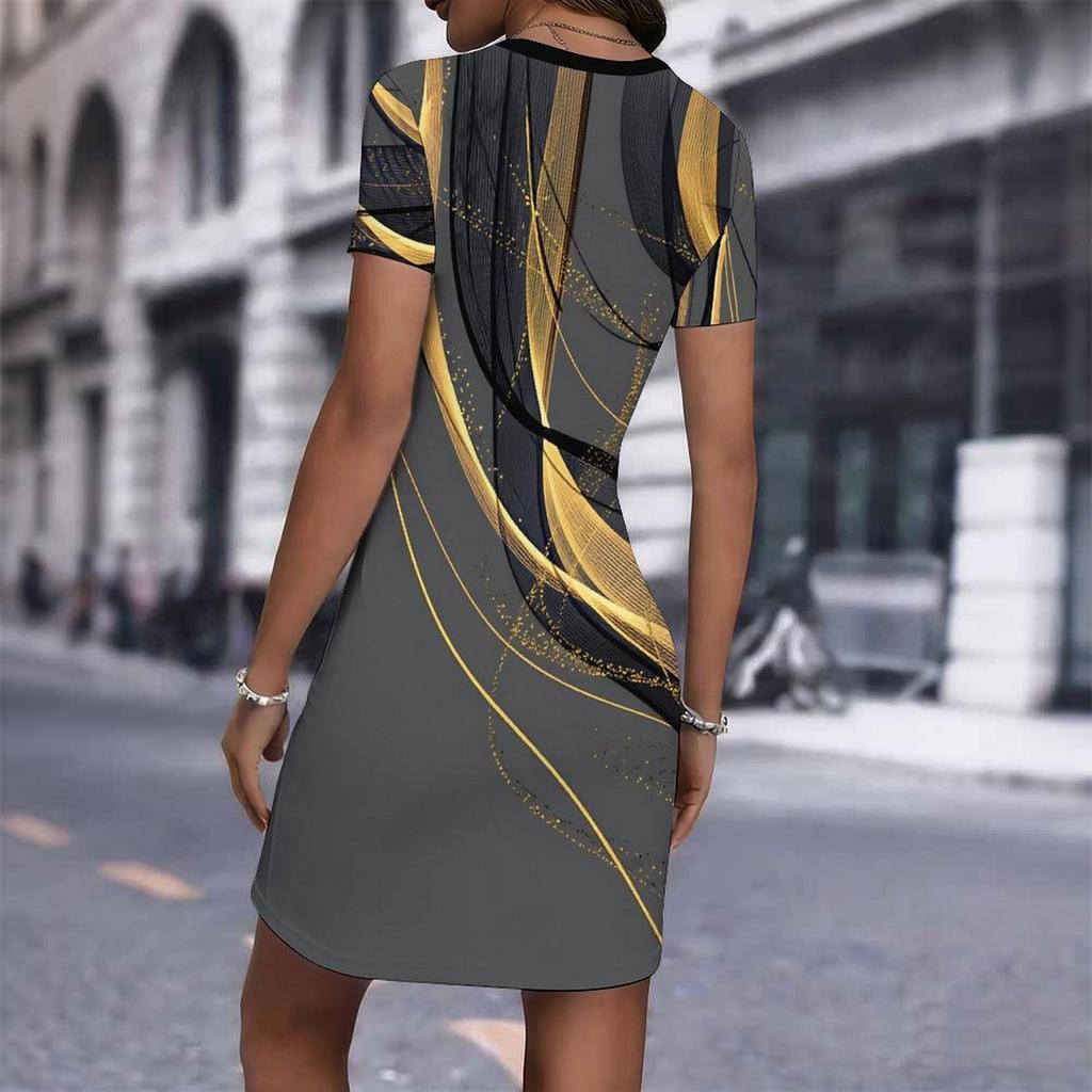 Fashion Womens Loose Geometric Pattern Print O Neck Short Sleeve Loose Streetwear A-line Dress