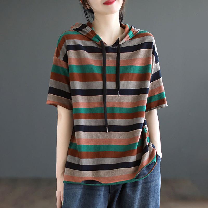 T-shirt for Women Summer Large Size Cotton T-shirt Soft Loose Striped Casual Comfortable Pullover T-shirt Top