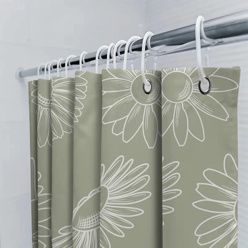 Modern Floral Shower Curtain Decorative Waterproof Washable For Bathrooms Green White Pattern