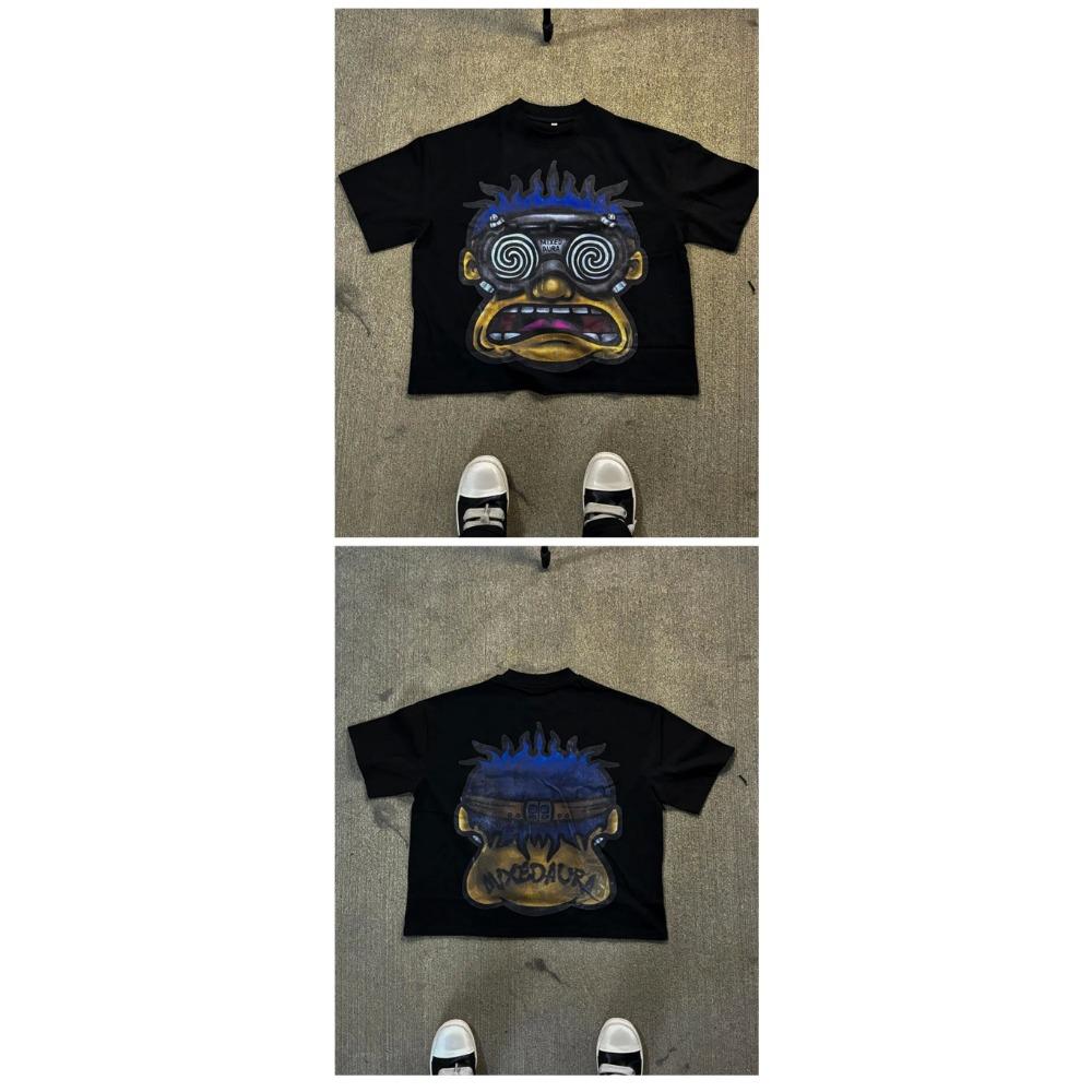 ZYLLO New European and American Character Cartoon Letter Printed T-shirt for Men Y2k Harajuku Casual Pure Cotton Loose Short Sleeve