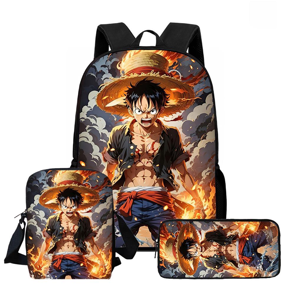 One Piece 3-In-1 Cartoon Lightweight Durable School Backpack with Crossbody Bag Pencil Case for Children Age 6-10 Primary School