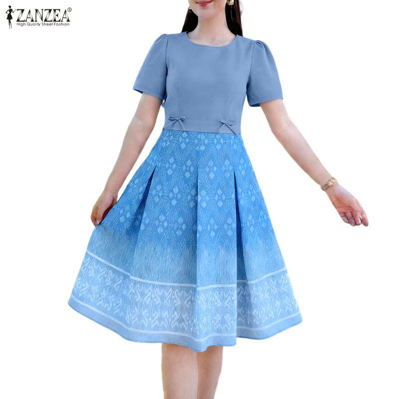 ZANZEA Women Casual Round Neck Short Sleeve Print A-Line Dress